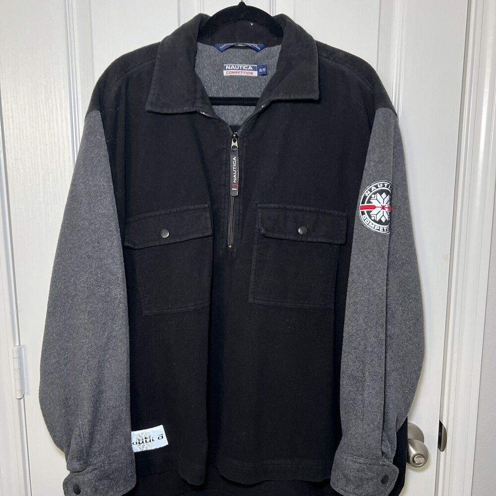 Nautica Competition Quarter Zip Fleece Mens XL Black Gray Vintage 90s Patch